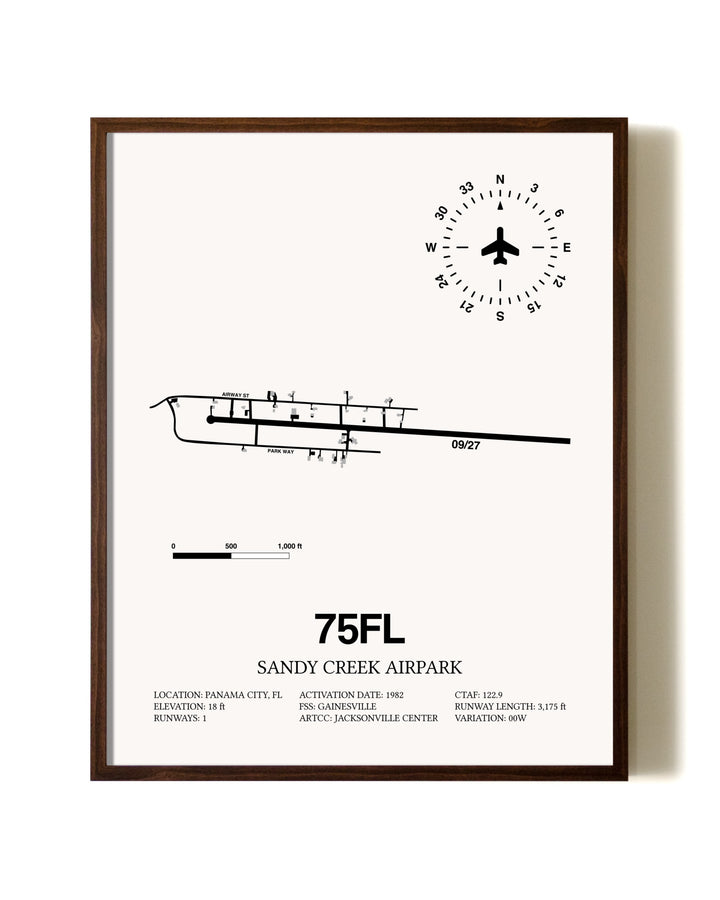Sandy Creek Airpark aviation print in walnut frame