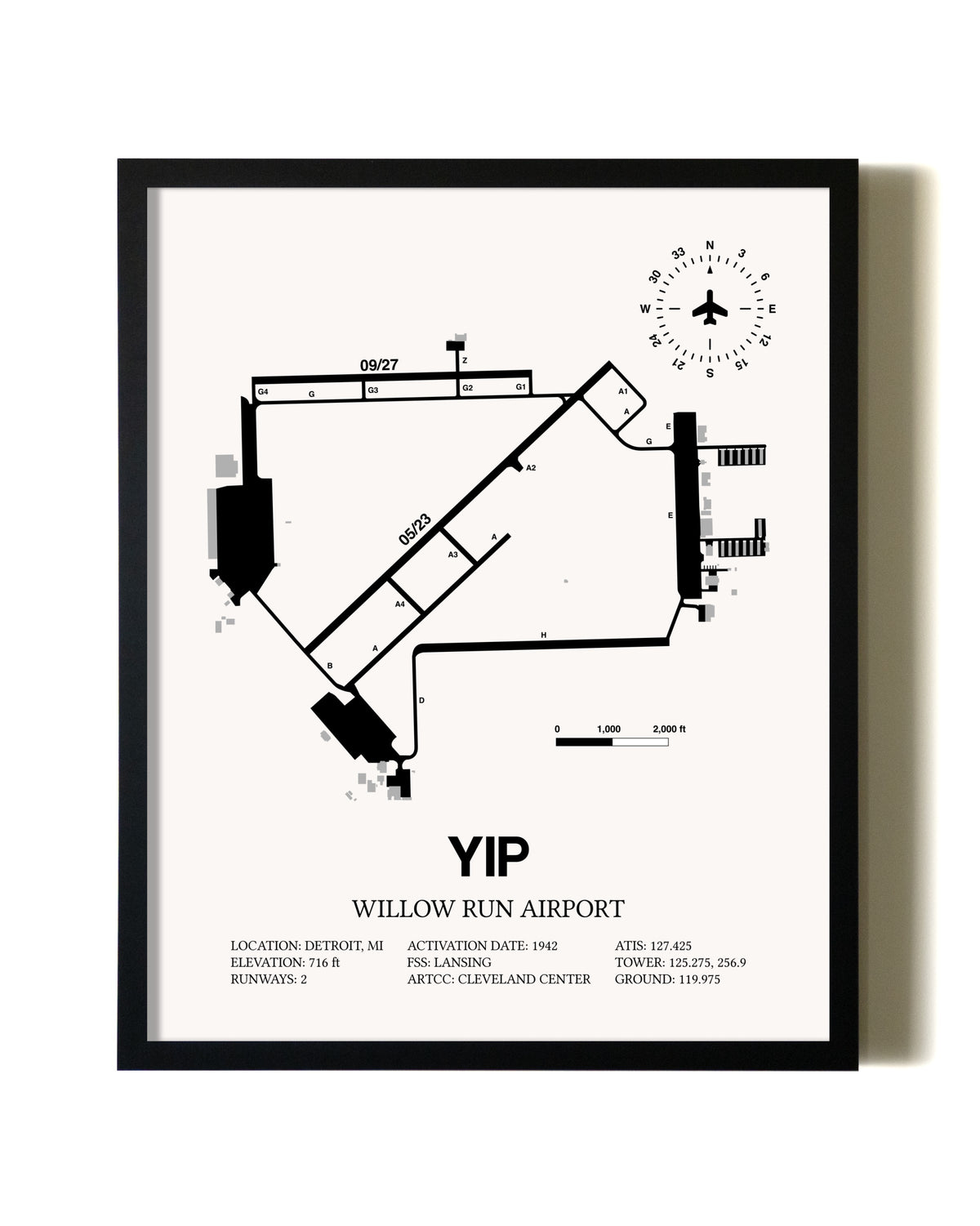 Framed Willow Run Airport wall art poster in black frame