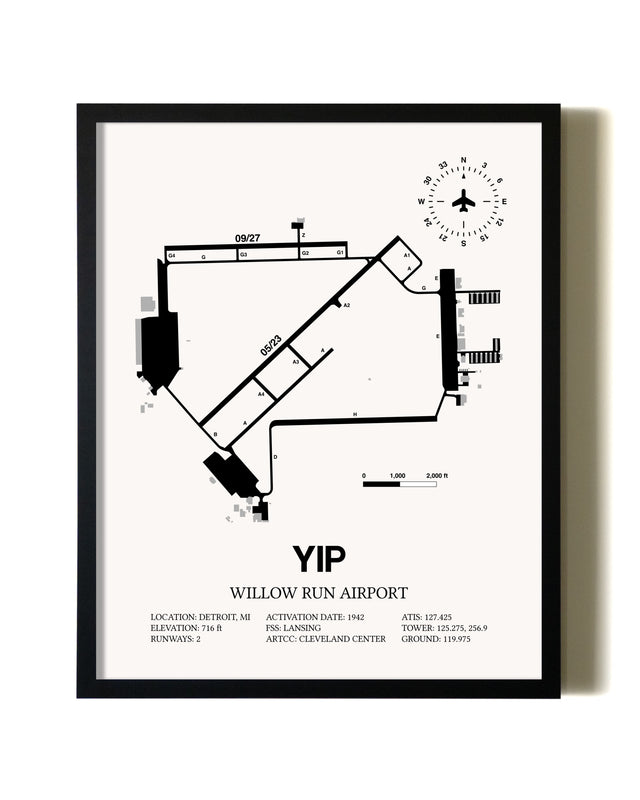 Framed Willow Run Airport wall art poster in black frame