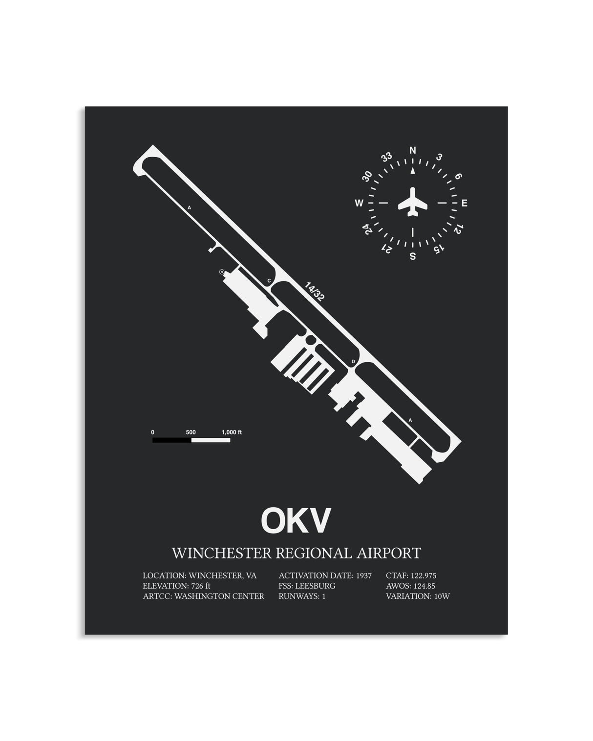 Gray Framed Winchester Regional Airport layout wall art poster