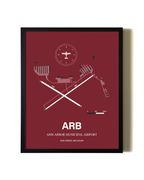 Framed Ann Arbor Municipal Airport wall art poster in black frame