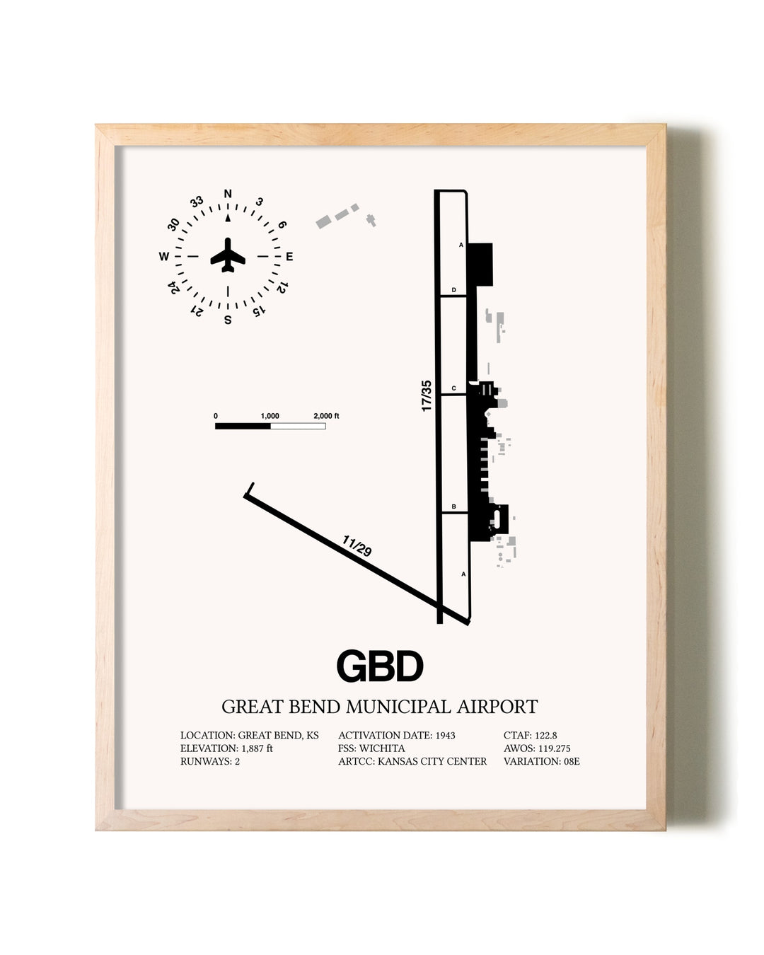Great Bend Municipal Airport framed wall art in white frame