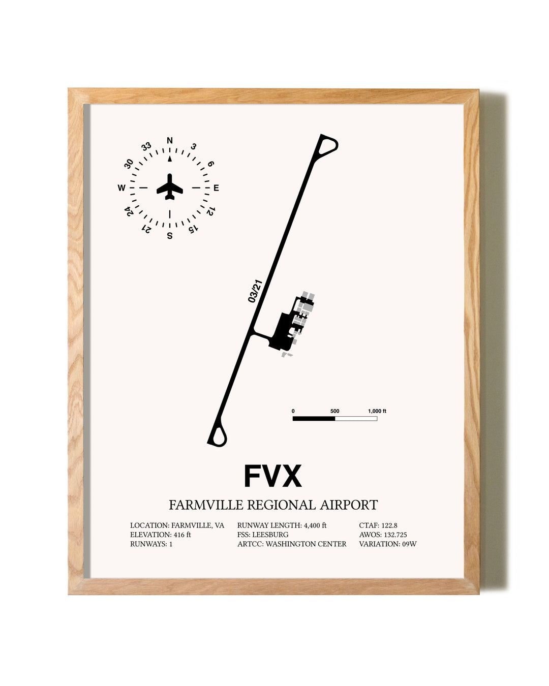 Farmville Regional Airport framed print in natural wood frame