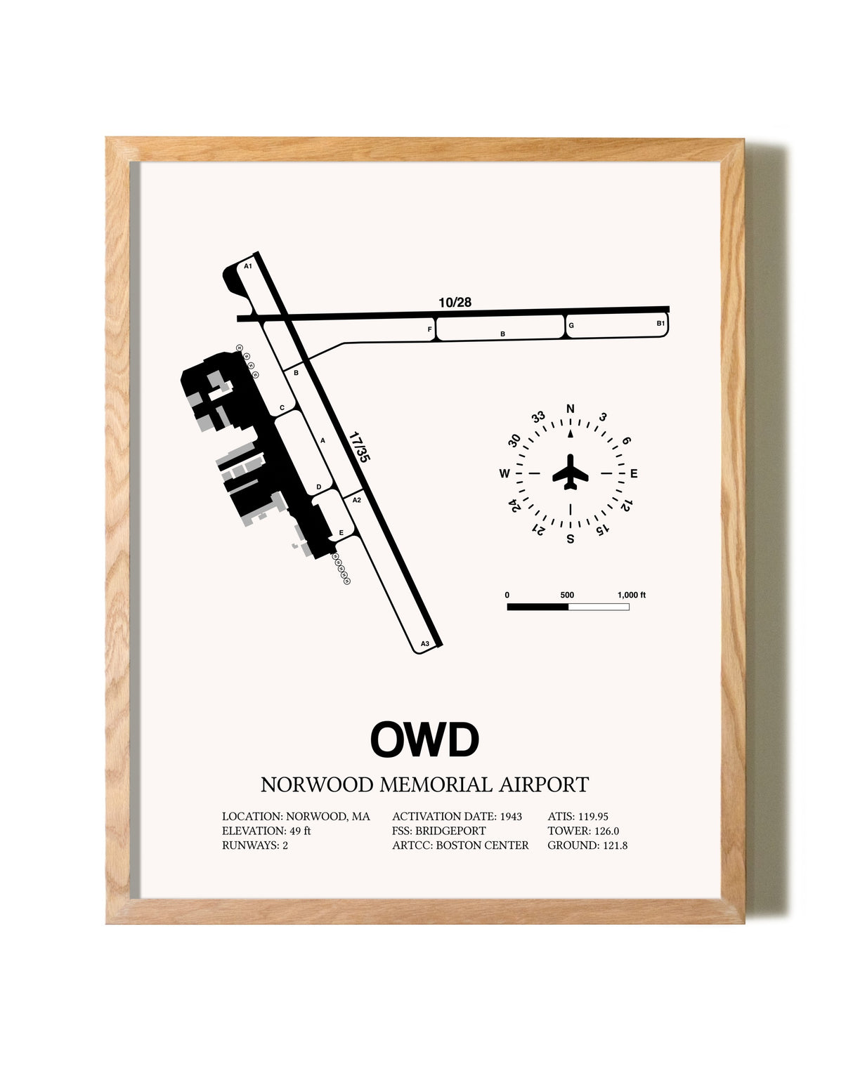 Norwood Memorial Airport framed print in natural wood frame
