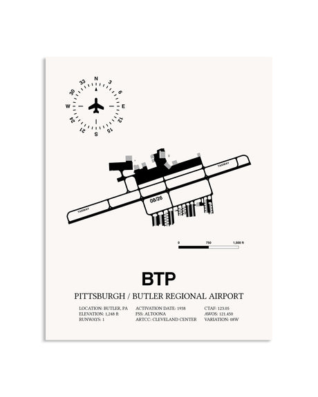 Gray Pittsburgh / Butler Regional Airport framed poster displayed in an airplane hangar