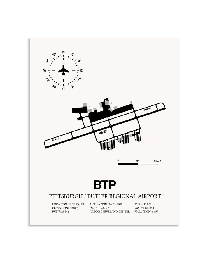 Gray Pittsburgh / Butler Regional Airport framed poster displayed in an airplane hangar