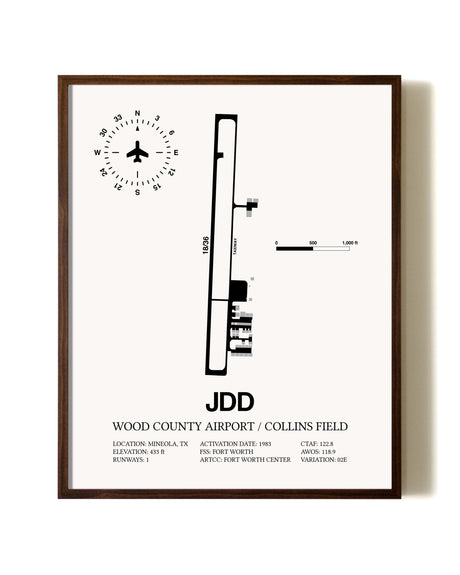 Wood County Airport / Collins Field aviation print in walnut frame