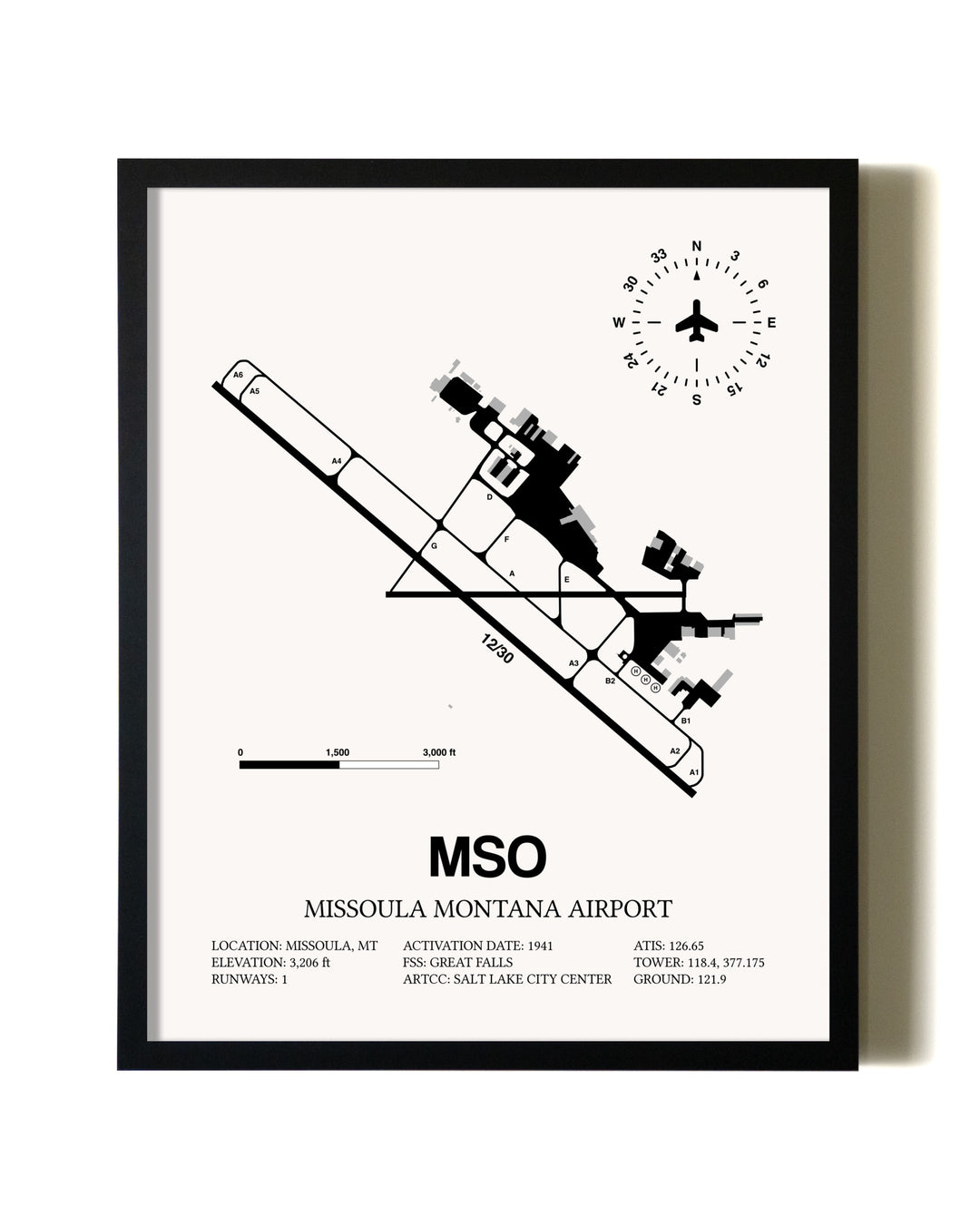 Framed Missoula Montana Airport wall art poster in black frame