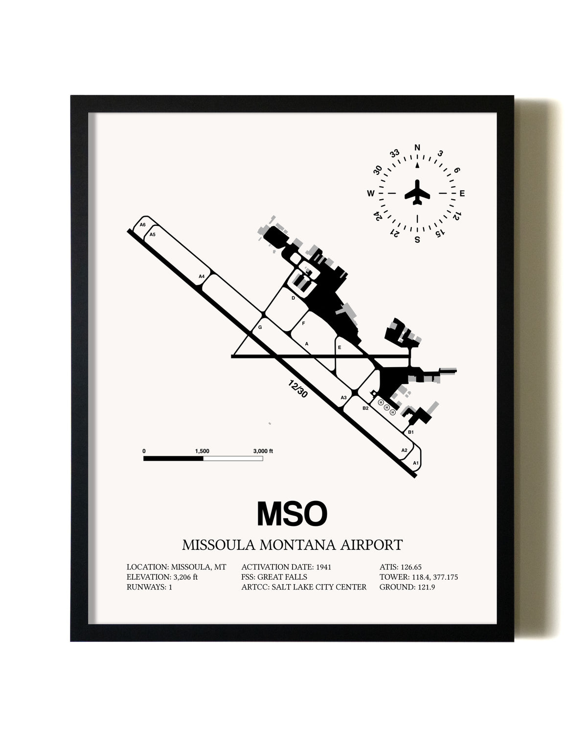Framed Missoula Montana Airport wall art poster in black frame
