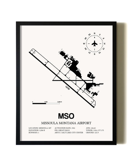 Framed Missoula Montana Airport wall art poster in black frame