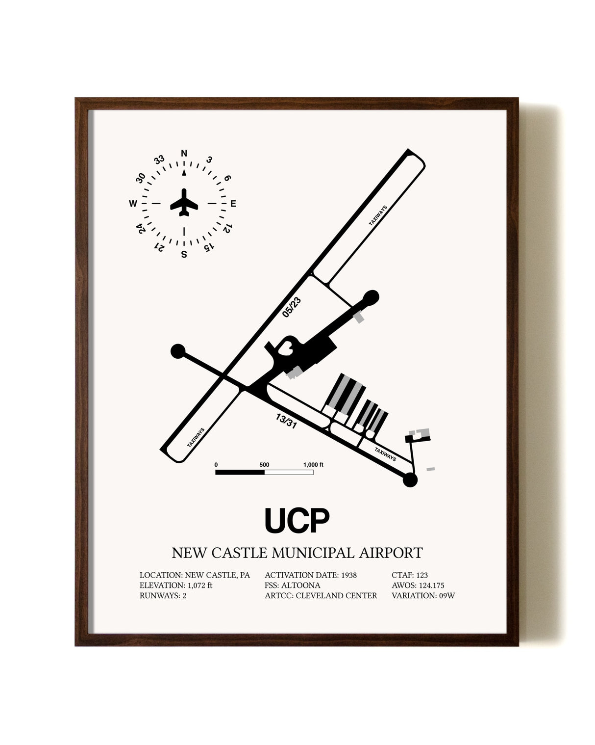 New Castle Municipal Airport aviation print in walnut frame