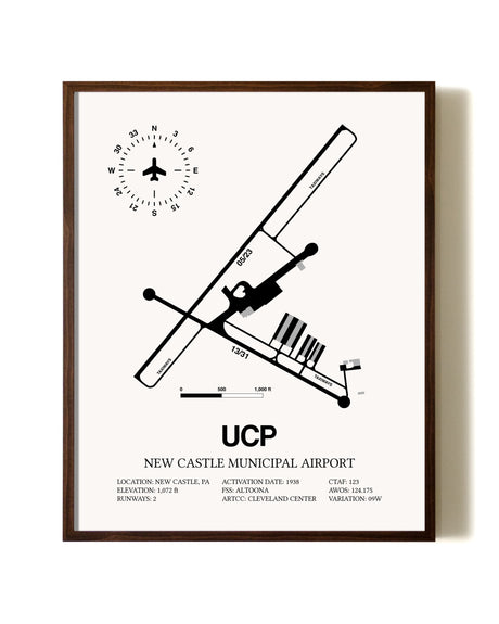 New Castle Municipal Airport aviation print in walnut frame