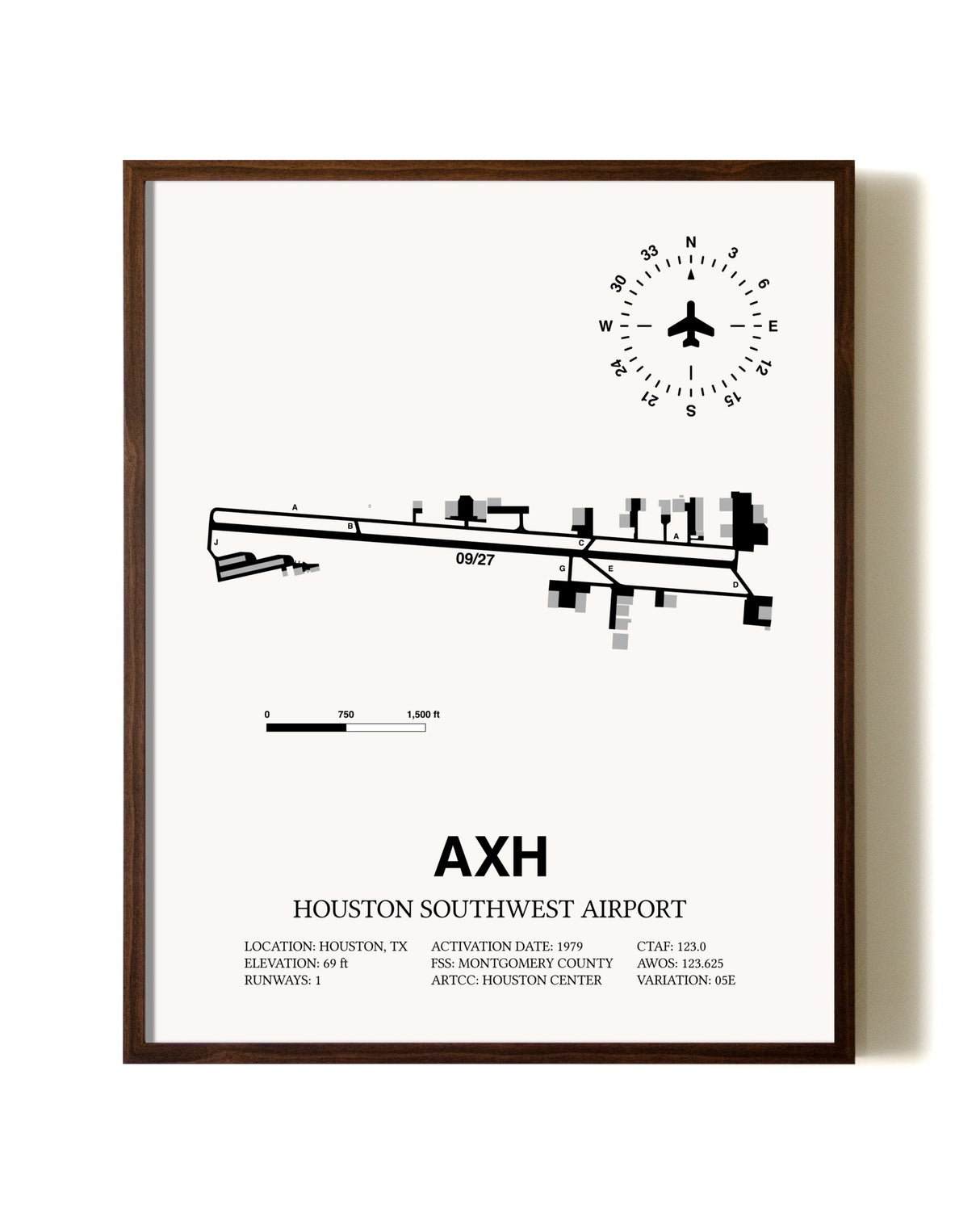 Houston Southwest Airport aviation print in walnut frame