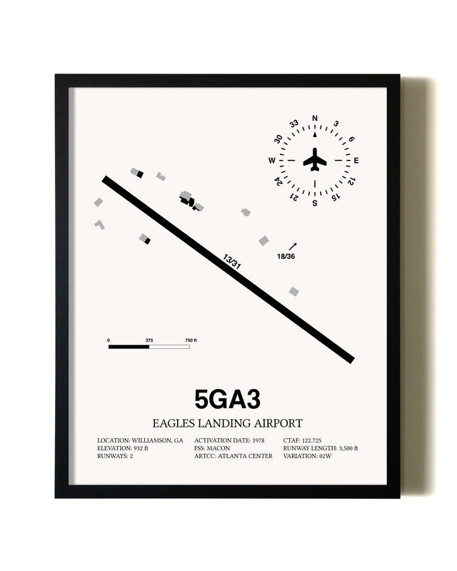 Framed Eagles Landing Airport wall art poster in black frame