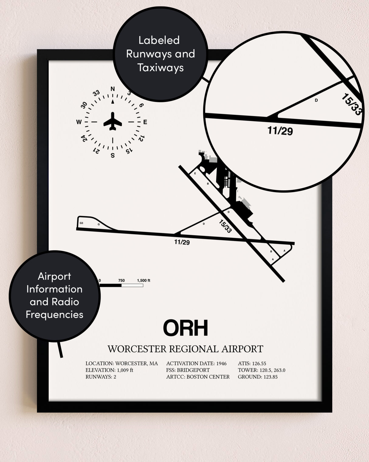Framed Worcester Regional Airport layout wall art poster