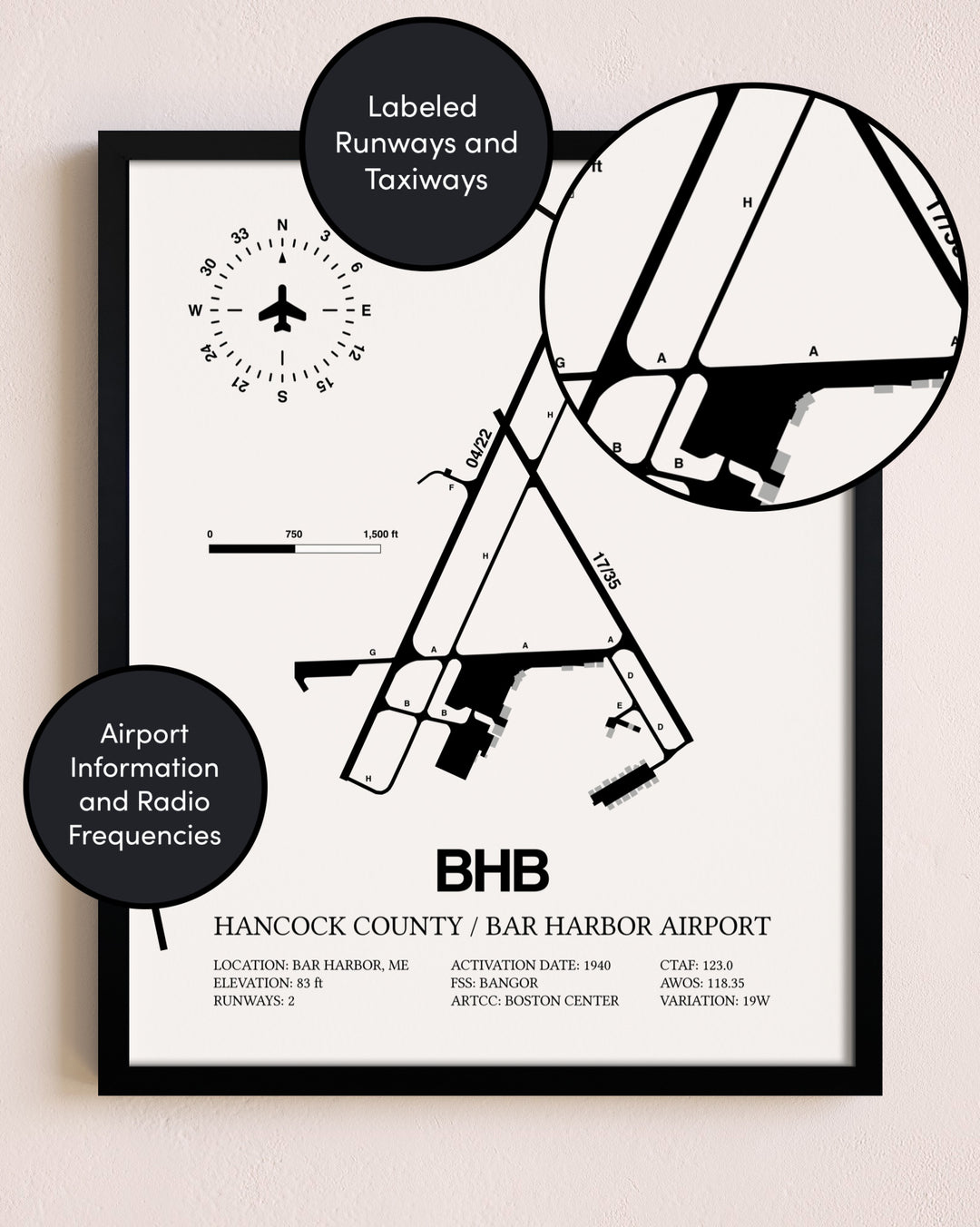 Framed Hancock County / Bar Harbor Airport layout wall art poster