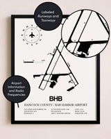 Framed Hancock County / Bar Harbor Airport layout wall art poster