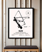 Whidbey Island Naval Air Station (Ault Field) Airport framed poster displayed in an airplane hangar