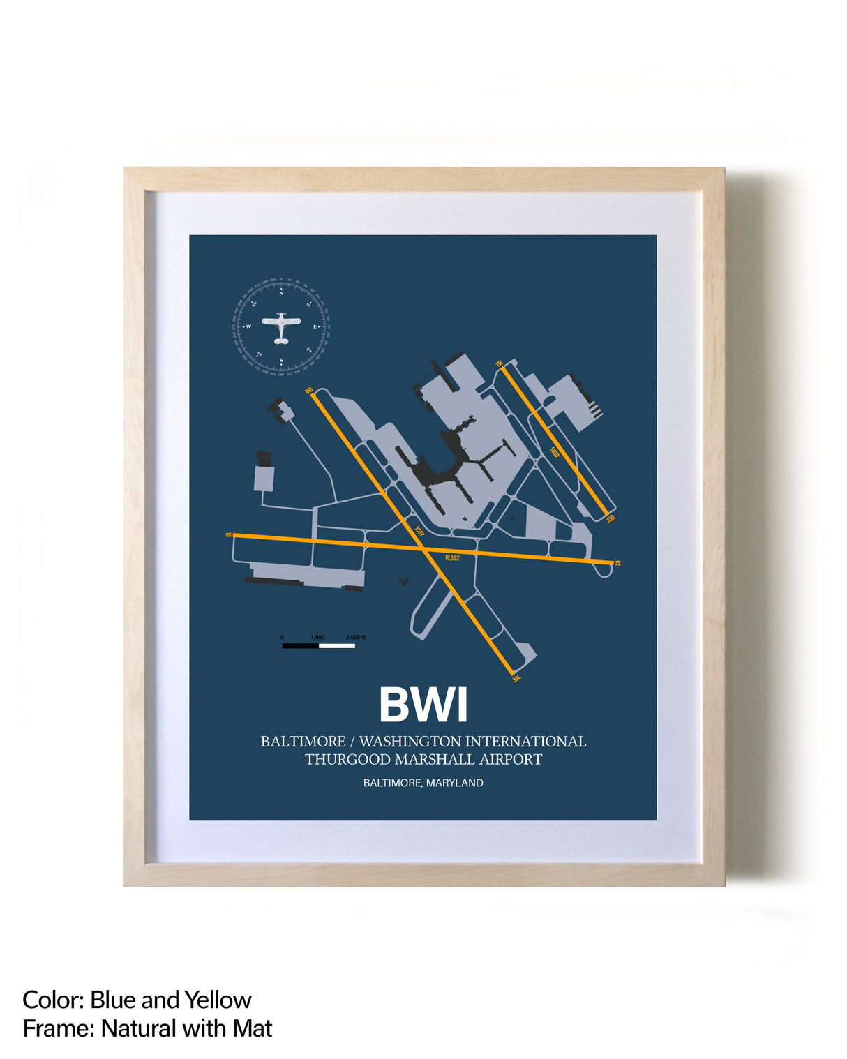 Baltimore/Washington International Thurgood Marshall Airport framed print in natural wood frame with mat