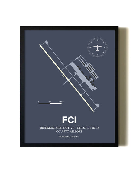 Blue and Cream Framed Richmond Executive-Chesterfield County Airport layout wall art poster