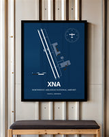 Northwest Arkansas National Airport framed poster displayed in an airplane hangar