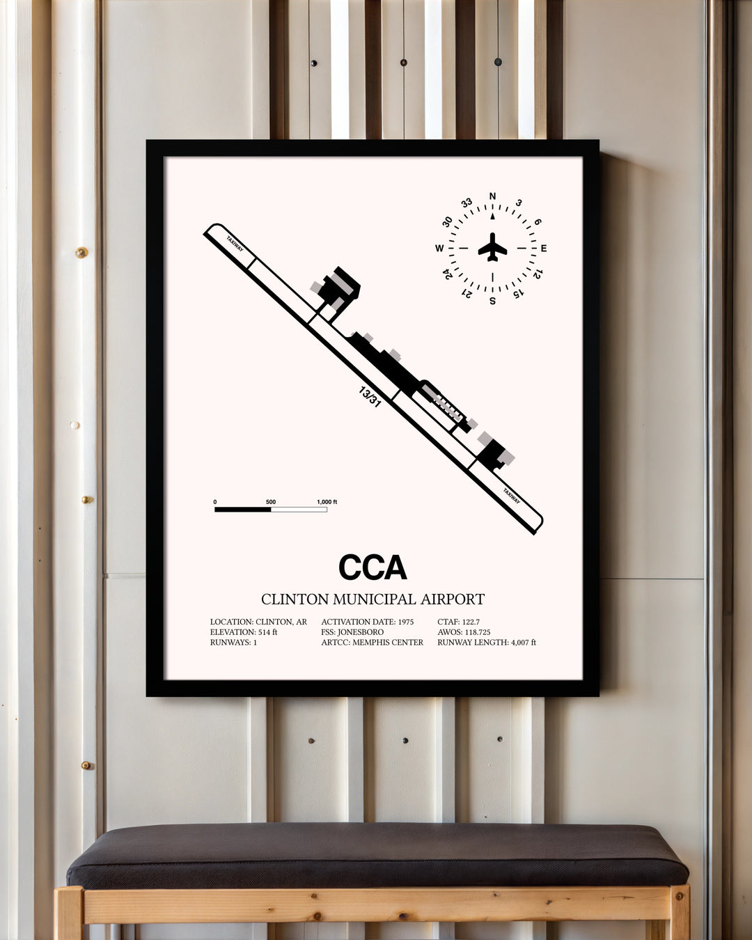 Clinton Municipal Airport framed poster displayed in an airplane hangar