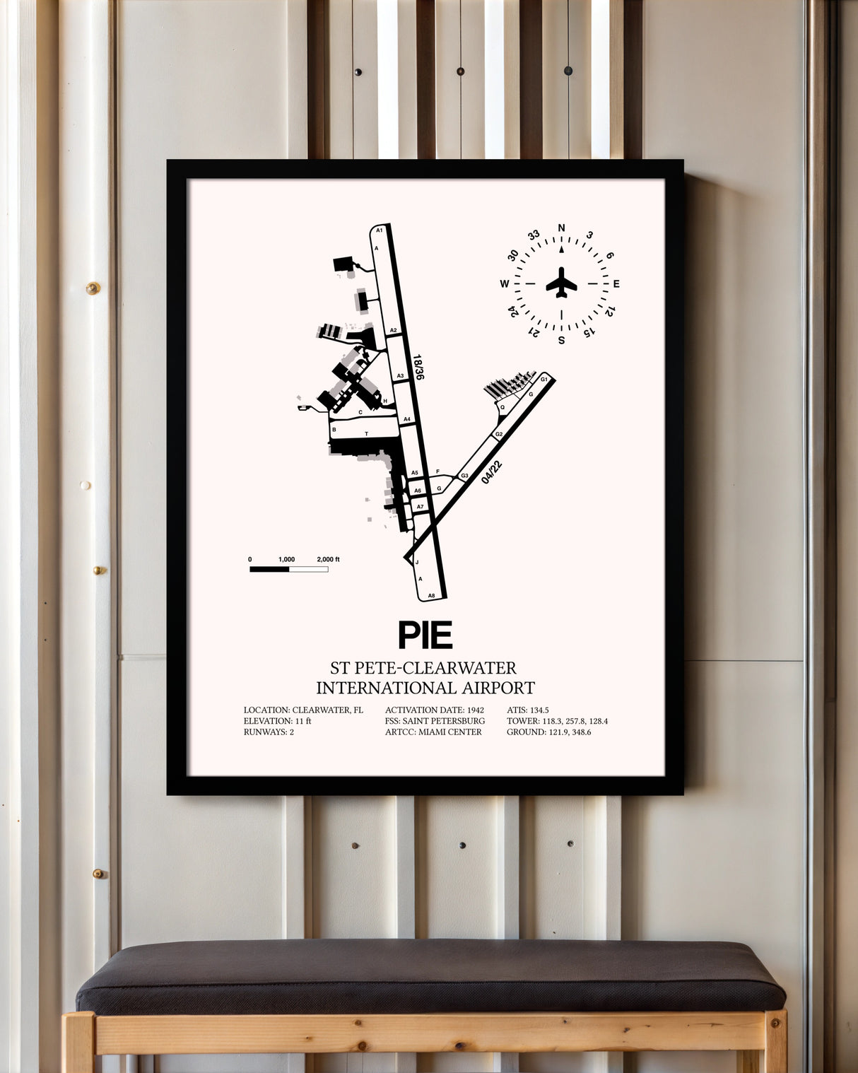 St. Pete-Clearwater International Airport framed poster displayed in an airplane hangar