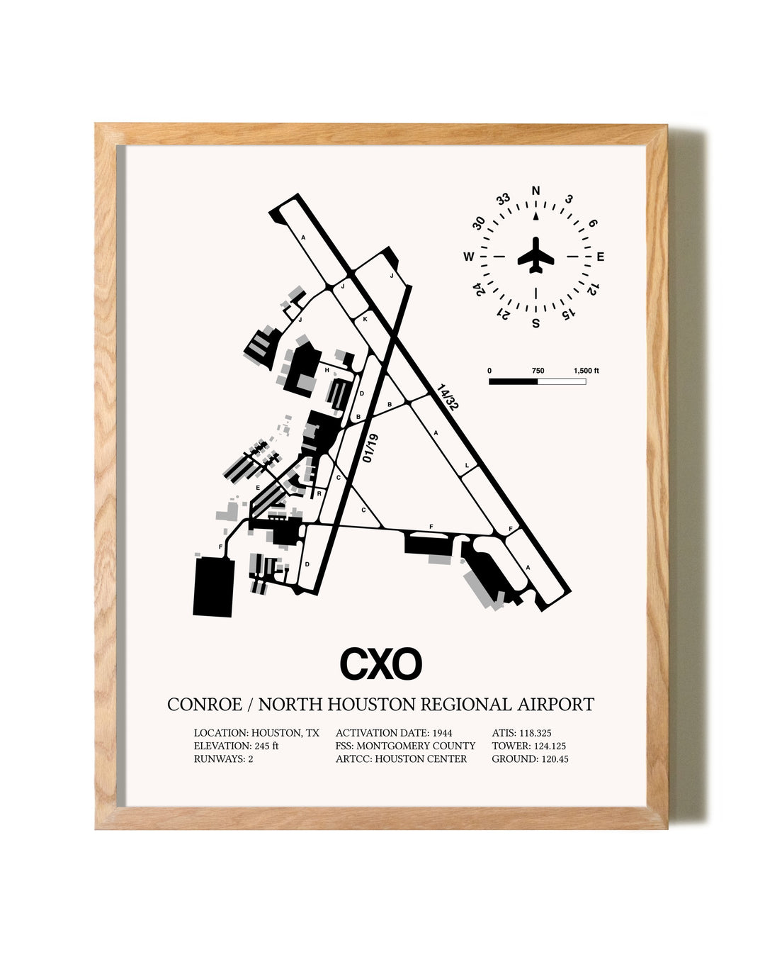 Conroe / North Houston Regional Airport framed print in natural wood frame