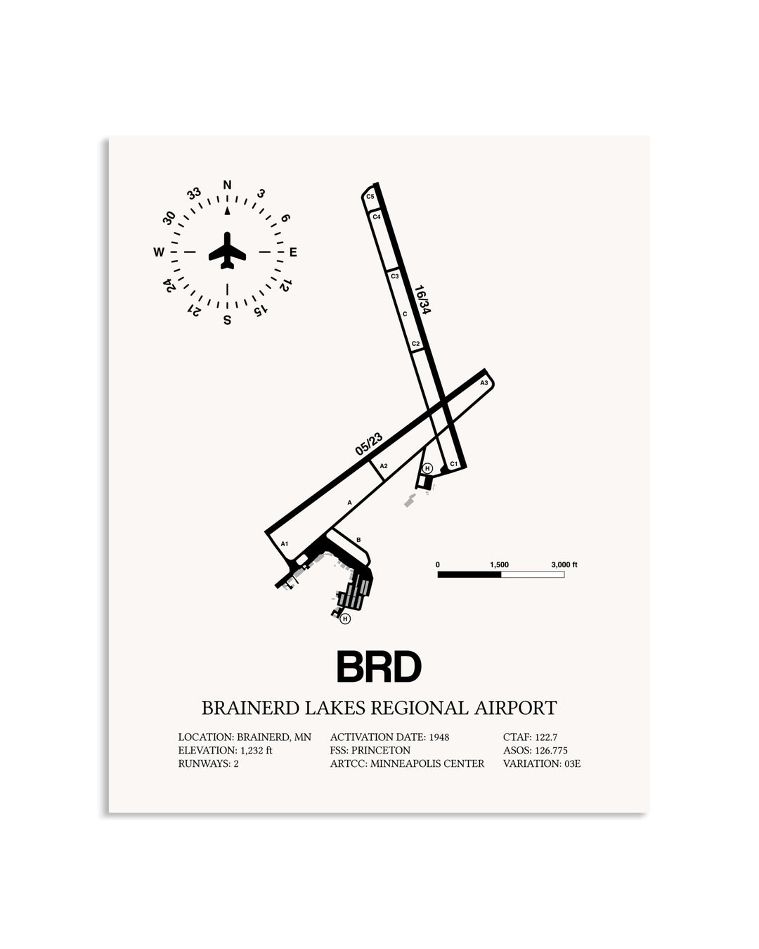 Gray Brainerd Lakes Regional Airport framed poster displayed in an airplane hangar