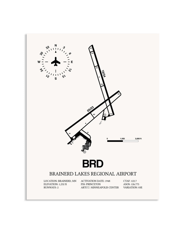 Gray Brainerd Lakes Regional Airport framed poster displayed in an airplane hangar