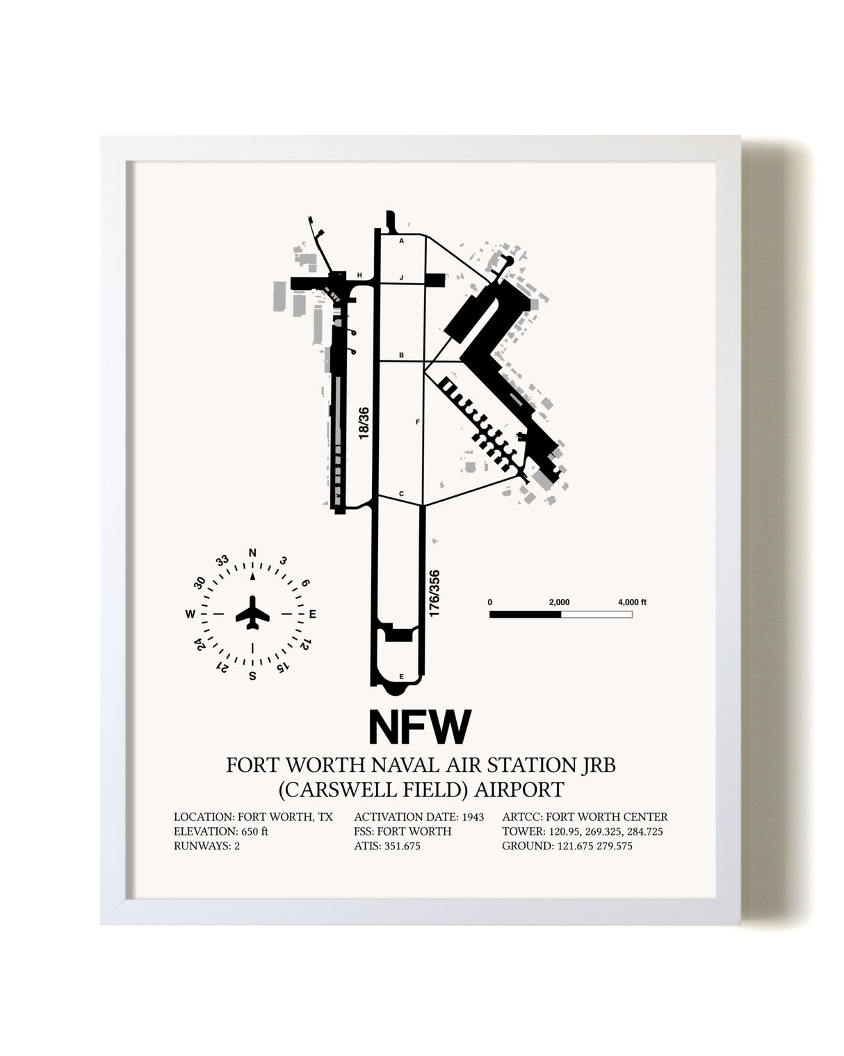 Fort Worth Naval Air Station JRB (Carswell Field) Airport airport map poster in oak frame