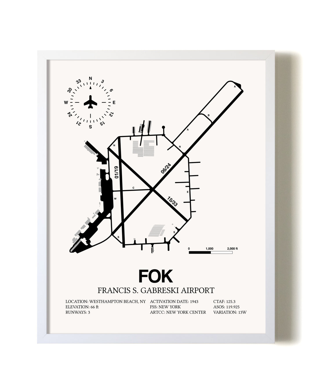 Francis S. Gabreski Airport airport map poster in oak frame