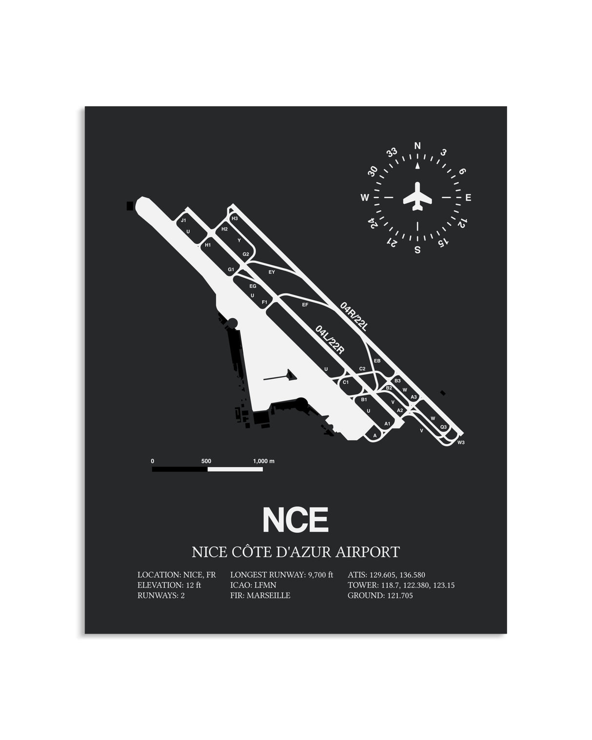 Gray Framed Nice Cote D'Azur Airport layout wall art poster