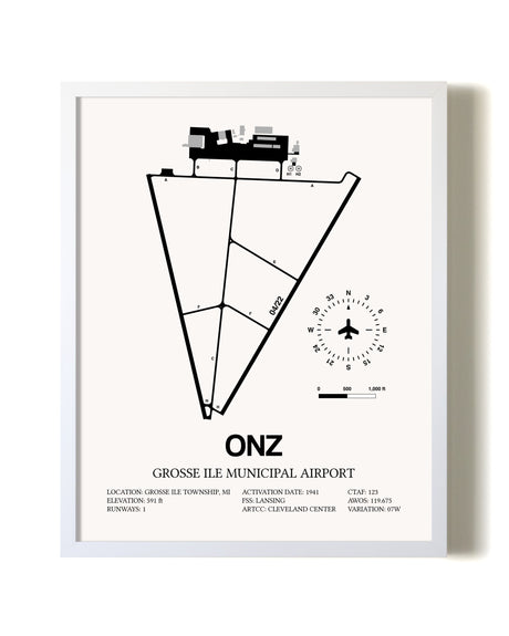 Grosse Ile Municipal Airport airport map poster in oak frame