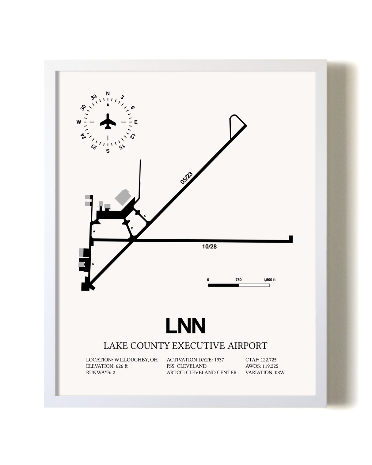 Lake County Executive Airport airport map poster in oak frame