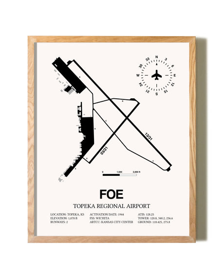 Topeka Regional Airport framed print in natural wood frame