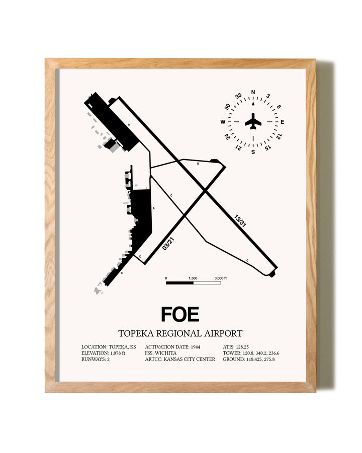 Topeka Regional Airport framed print in natural wood frame
