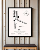 Kansas City / Lee's Summit Regional Airport framed poster displayed in an airplane hangar