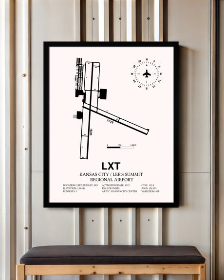 Kansas City / Lee's Summit Regional Airport framed poster displayed in an airplane hangar