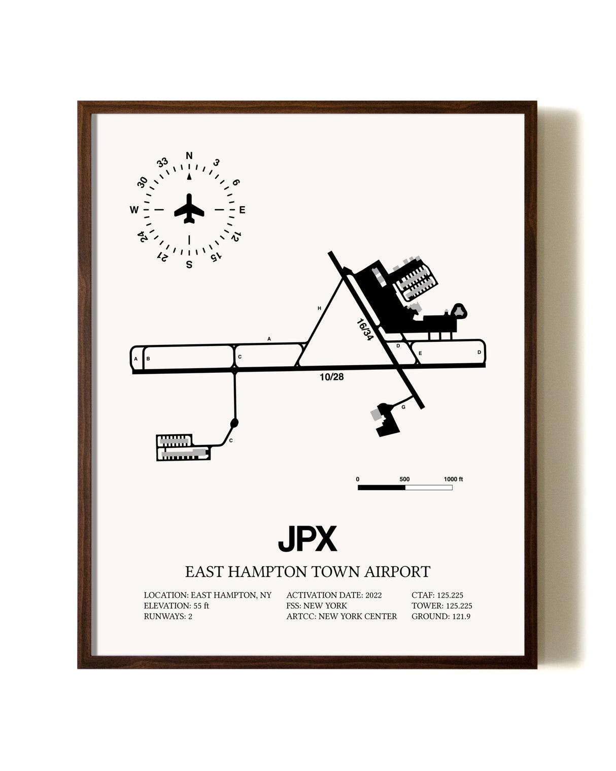 East Hampton Town Airport aviation print in walnut frame