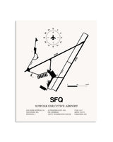 Gray Suffolk Executive Airport framed poster displayed in an airplane hangar
