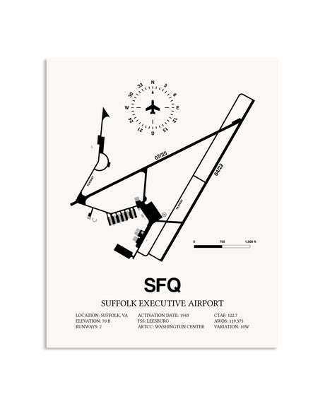 Gray Suffolk Executive Airport framed poster displayed in an airplane hangar