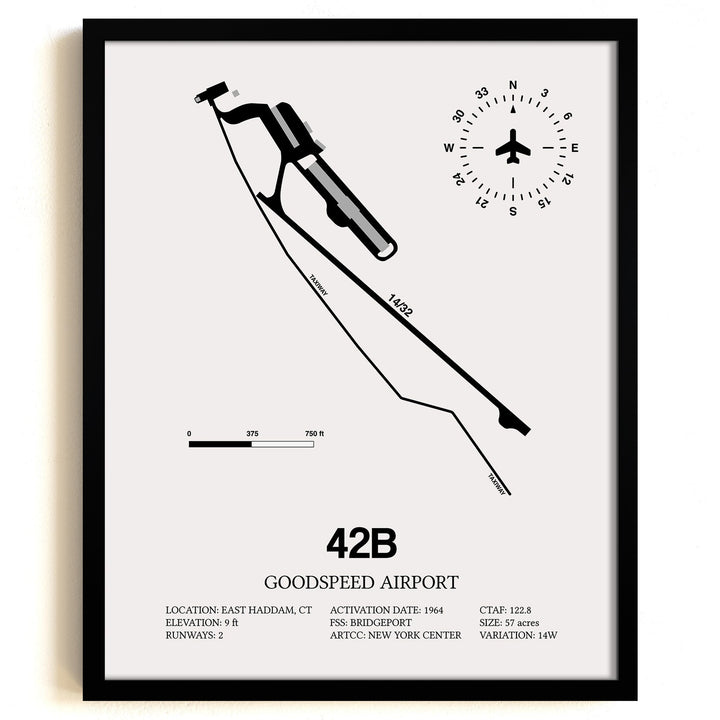 Framed Detailed Airport Map of Goodspeed Airport (42B) in White with a Black Frame