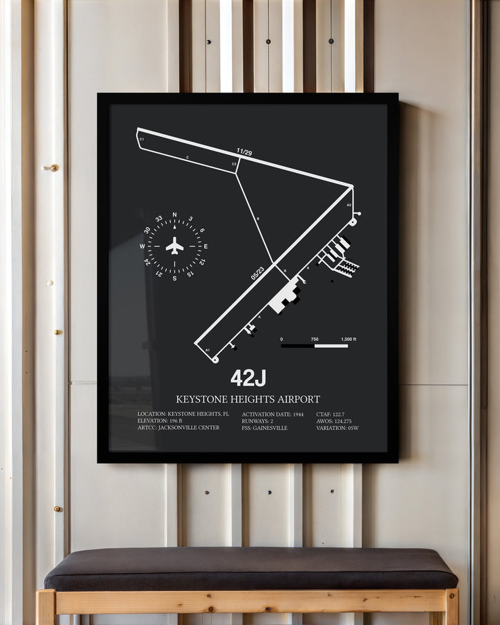 Framed Detailed Airport Map of Keystone Heights Airport (42J) in Gray with a Black Frame