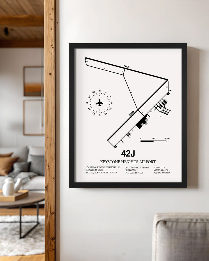 Framed Detailed Airport Map of Keystone Heights Airport (42J) in White with a Black Frame