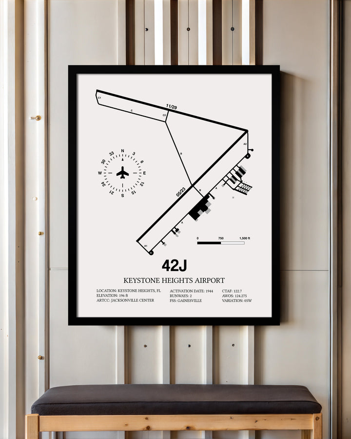 Framed Detailed Airport Map of Keystone Heights Airport (42J) in White with a Black Frame