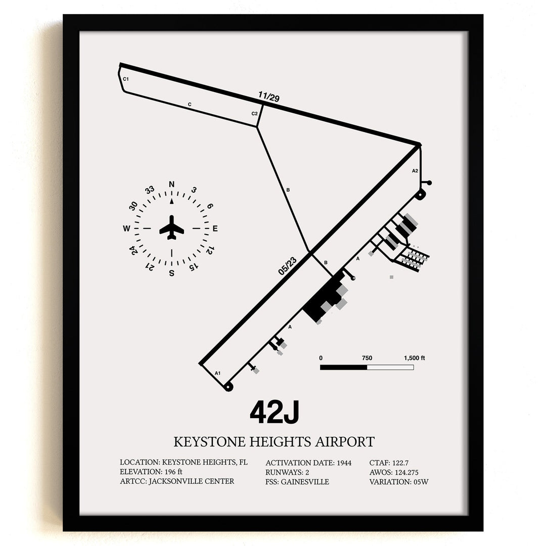 Framed Detailed Airport Map of Keystone Heights Airport (42J) in White with a Black Frame