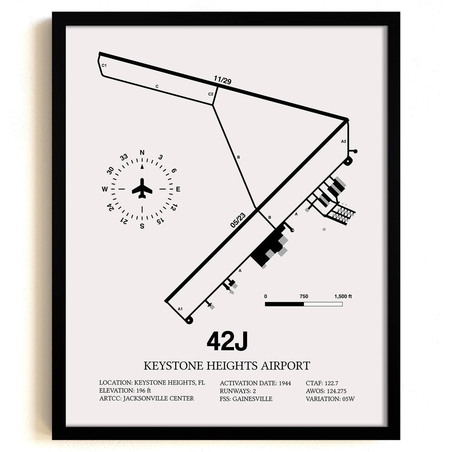 Framed Detailed Airport Map of Keystone Heights Airport (42J) in White with a Black Frame