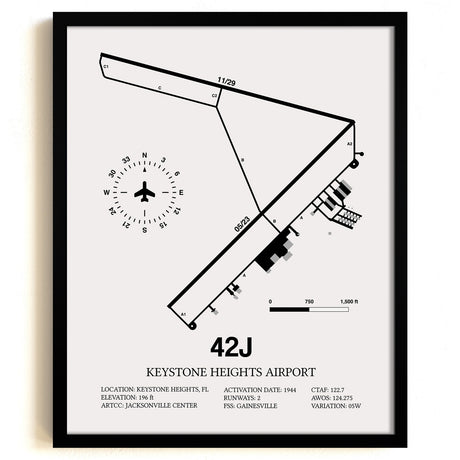 Framed Detailed Airport Map of Keystone Heights Airport (42J) in White with a Black Frame