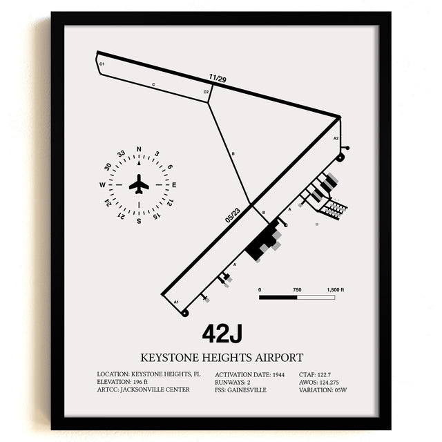 Framed Detailed Airport Map of Keystone Heights Airport (42J) in White with a Black Frame